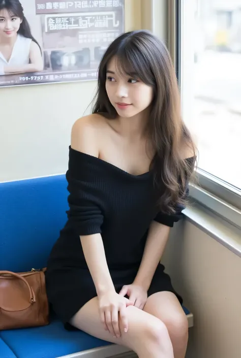 A young, beautiful Japanese woman sits on a blue subway seat wearing a miniskirt (playfully lifting it to reveal her panties: 1.5) and an off-the-shoulder black knit dress. She sits with her arms crossed and her legs crossed. Her long brown hair is softly ...