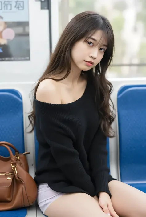 A young, beautiful Japanese woman sits on a blue subway seat wearing a miniskirt (playfully lifting it to reveal her panties: 1.5) and an off-the-shoulder black knit dress. She sits with her arms crossed and her legs crossed. Her long brown hair is softly ...