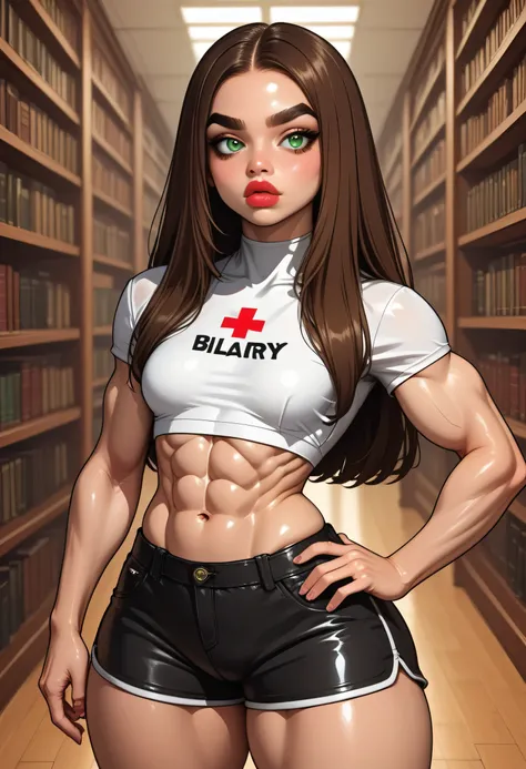 library, (perfect face), brown hair, bright hair, black eyebrows, thick eyebrows, green eyes, big eyes, bright red lips, thick lips, small breasts, (muscles), (abs), (thick thighs:1.4), (crop top), (shorts), (short shorts), standing, hand on hip