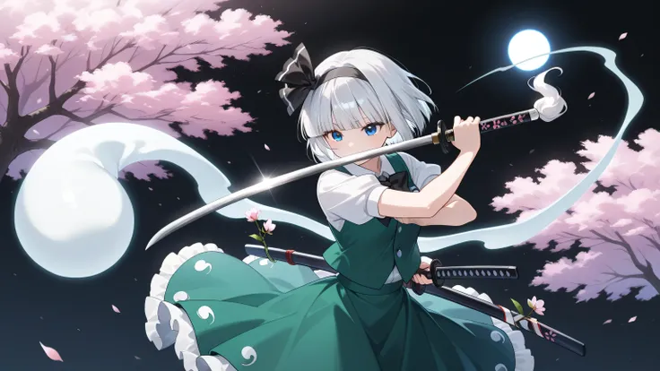 konpaku youmu, 1girl, solo, white hair, short hair, blunt bangs, blue eyes,,katana, ghost,,background A large cherry tree planted in a black space