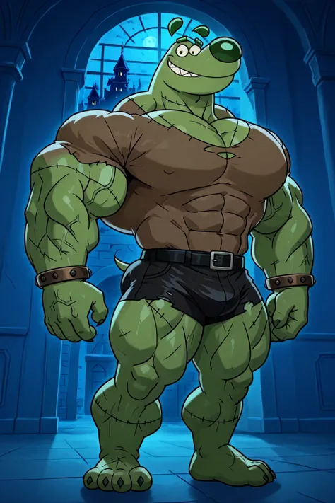 Masterpiece, best quality, high quality, detailed, Dudley Puppy (T.U.F.F Puppy), green giant strong muscular frankenstein monster, stitches on the body and pecs and arms and his legs and his face and neck, bigger scars, veins, ginormous biceps, enormous pe...