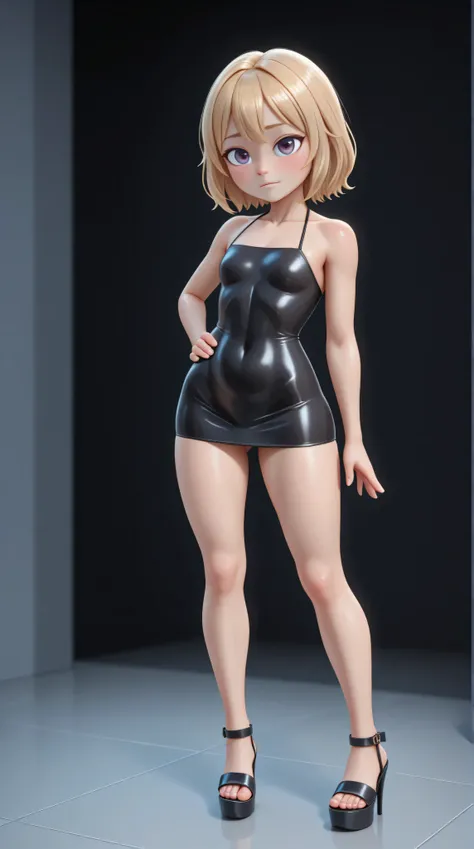 full body、little girl with golden blonde hair, long and wavy、presumed、look at the spectator、Standing、wearing black latex tube mini dress. sleeveless. bare shoulders, neck and collarbones visible without ornaments 、transparent platform high heel sandals、Sta...