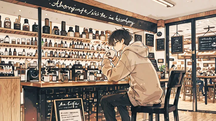A male character sits drinking coffee in a coffee shop, a cup of coffee is rising with smoke. The atmosphere in the shop is crowded, jibi style.