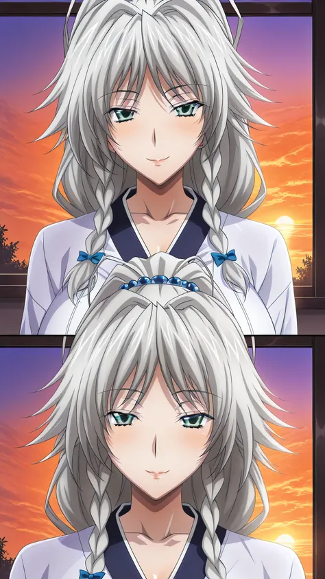Superb quality , Artwork, detailed depiction, Greyffia Lukifugus, Silver Haired Beauty, smooth bare skin, Graceful Appearance, Expression, window side with sunset, sensual scene、grayfia lucifuge,high school dxd,school uniform,ponytail,large breasts,(seduct...