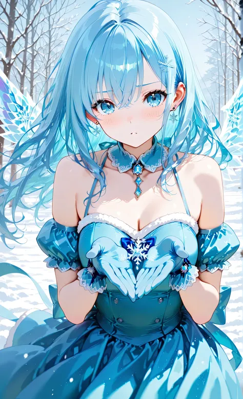 masterpiece, 8k, Highest Quality, detail, high resolution, Digital Painting, ultra detailed, (detailed eyes:1.2), (sharp eyes:1.1), detailed mid-shot of anime girl's royal blue velvet gloves reaching toward viewer, gloves prominently featured covering hand...