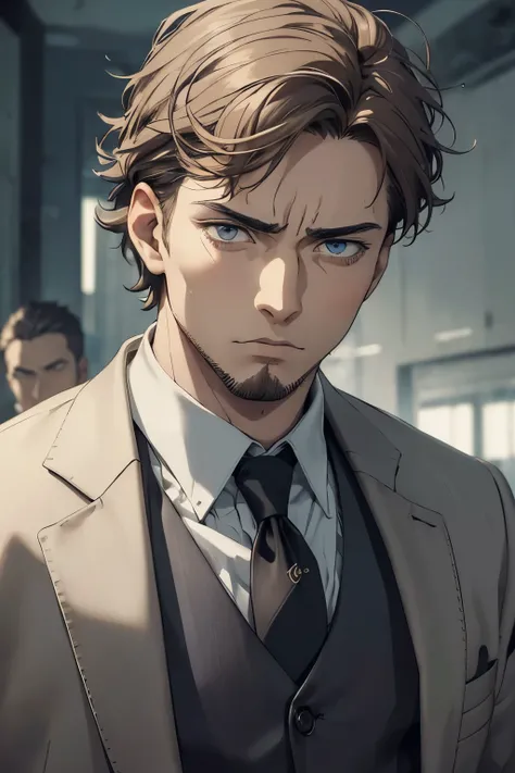 masterpiece, best quality, 1man, brunette hair, old suit, two piece suit, old, goatee, messy hair, short hair, anime, looking away, posing, scared, fear, guilty expression, simple background, empty background, detailed eyes, detailed facial features, reali...