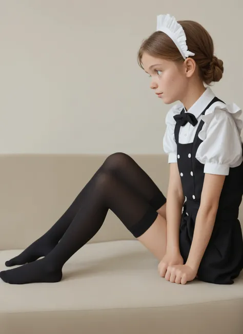 1 girl、maids、(Smile Yang:0.3)、look here,sitting、 Thin tights 、From the side、open both legs,(younger:1.5),(skinny:1.1),japanese