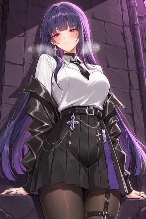 score_9, score_8_up, score_7_up, masterpiece, best quality, very aesthetic, absurdres, tunning image, attractive image, 1girl, adult grown woman, solo,  MeiAPHO, purple hair, long hair, raiden mei, purple eyes, medium breasts, heavy breathing, closed mouth...