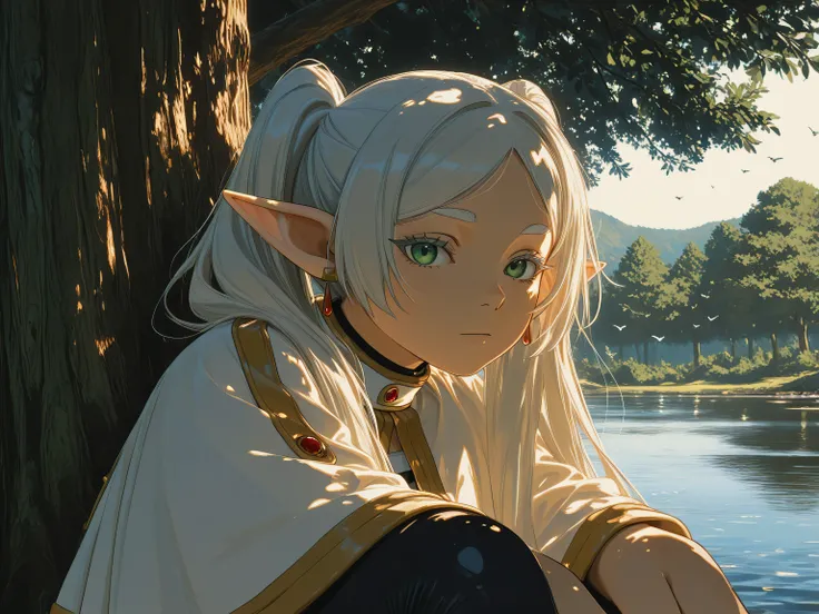 ((Best Quality)) (masterpiece) (details), masterpiece, best quality, highly detailed, color theory, (ultra detailed, very aesthetic, anime realism, 8K, 4K, 16K), adult, 1woman, frieren, solo, green eyes, outdoors, elf, tree, long hair, white capelet, twint...