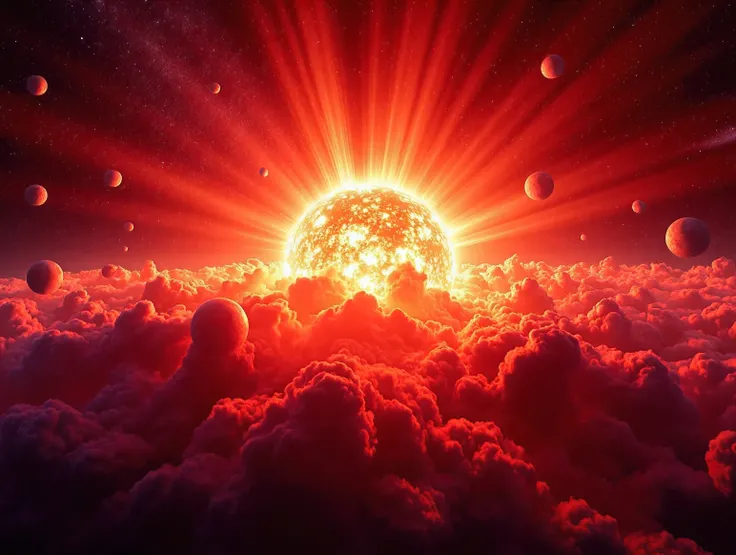 Ultra-realistic, photo-realistic, ultra-detailed, physically-based rendering, 3D rendered realism, UHDR, highres, a vibrant, cosmic explosion dominates the center of the image, emanating intense orange and red light with fiery tendrils stretching outwards....