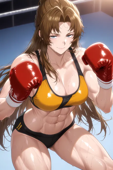 1girl, solo, young mature, RodionLimbus
long hair, brown hair, blue eyes, light smirk, medium breast, toned female, abs, shiny body, sports bra, boxing gloves, sweating, sexy pose, looking at viewer, 