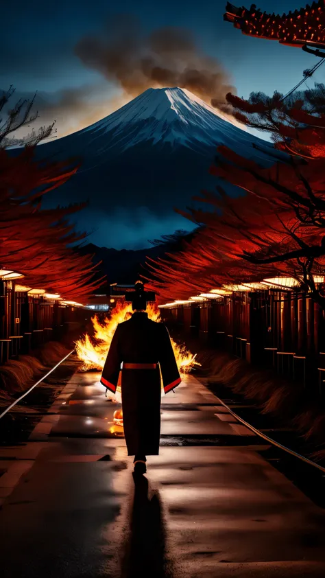 Routine character in full-body angle, participating in a fire-torch pillar procession during Onbashira Festival. Mt. Fuji glowing in the night backdrop. Columns of fire swaying in the wind, red–blue cross-lighting, sparks scattering dynamically. Traditiona...
