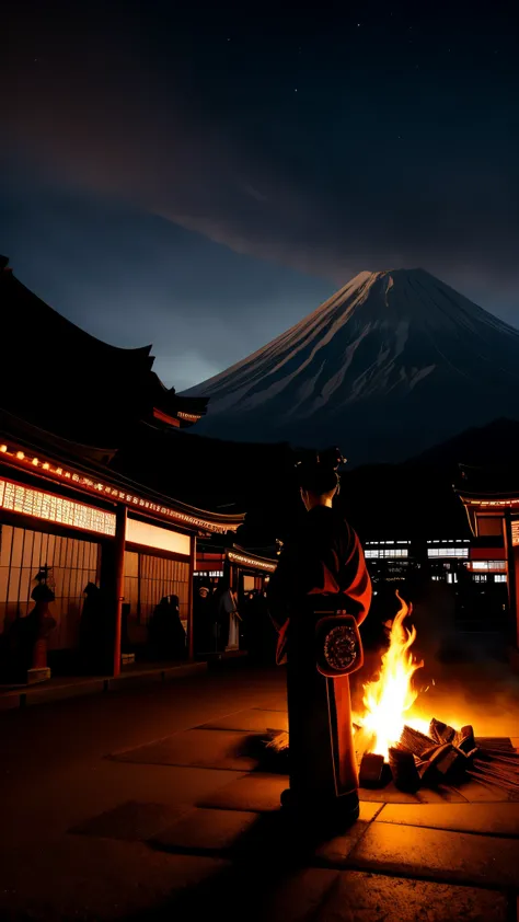 Routine character in full-body angle, participating in a fire-torch pillar procession during Onbashira Festival. Mt. Fuji glowing in the night backdrop. Columns of fire swaying in the wind, red–blue cross-lighting, sparks scattering dynamically. Traditiona...