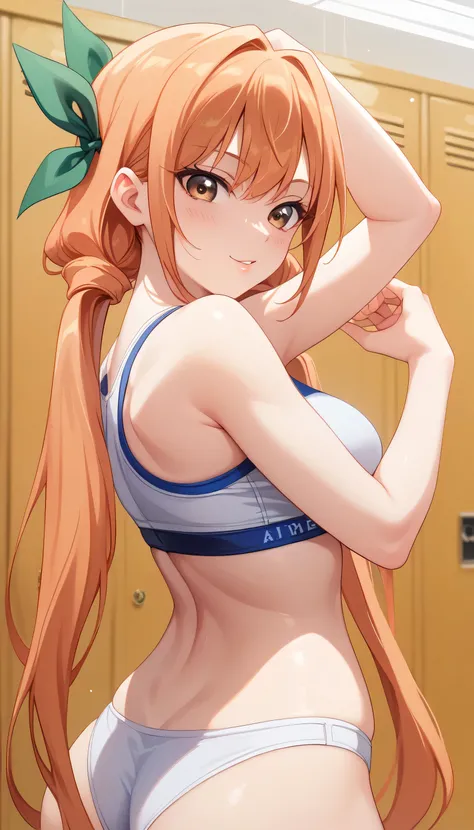 masterpiece, absurdres , (intricate details), (colorful),cinematic lighting,bust shot,extremely detailed CG unity 8k wallpaper,1girl, solo, female, arm up, looking at viewer, sports bra, locker room,cowboy shot, solo, sports bra, full body shot, big ass, ,...