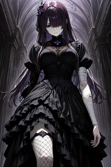 (masterpiece, detailed:1.2), 1girl, pale skin, long hair, dark purple hair, bangs, sidelocks, purple pupils, hair over one eye, hair ornament, black dress, frilled dress, juliet sleeves, heterochromia, missing limb, amputee arm, frown, fishnets, solo, stan...