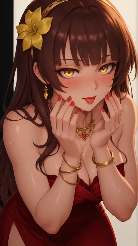 masterpiece, best quality, amazing quality,, <blora:sayu-ogiwara-s1-illustriousxl-blora-nochekaiser:1>, sayu ogiwara, long hair, bangs, brown hair, yellow eyes, mature female, medium breasts, anime screencap,, <blora:yors-red-gown-illustriousxl-blora-noche...