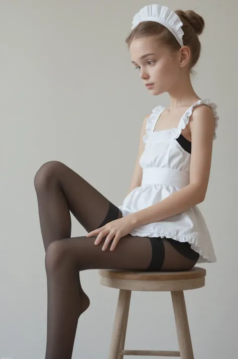 1 girl、maids、(Smile Yang:0.3)、look here,sitting、 Thin tights 、From the side、open both legs,(younger:1.5),(skinny:1.1),japanese