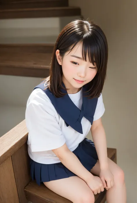 8K Wallpaper,younger、 sailor suit、白色の sailor suit、 miniskirt、 sitting on the stairs、 slim figure、 girl、 stylish hairstyle 、 sitting on the stairs、半袖の sailor suit、's stomach is split in two and I can see everything、 tight waist、 Simple White Sneakers,perfec...