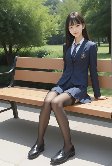 ((cute young girl:1.2)),lanky,rating_safe,short,(skinny:1.5),slender,thin body,younger,score_7_ up,score_8_ up,score_9,navy breetz skirt,realistic on pho,Sitting on a Park Bench,shot from the ground,school uniform,small breasts,Japanese,(white skin:1.0),(S...