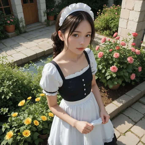 1 girl、maids,look at viewers,(skinny:0.64),(younger:0.60),from above,lean forward,(big breasts:-0.38),watering flowers outside the mansion,Japanese,(Smile Yan:0.24),black lace stockings