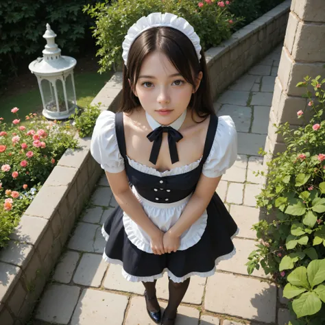 1 girl、maids,watch viewers,(skinny:0.64),(younger:0.60),from above,Leaning Forward,(big boobs:-0.38),is watering flowers outside the mansion,japanese,(Smile Yang:0.24),black lace stockings
