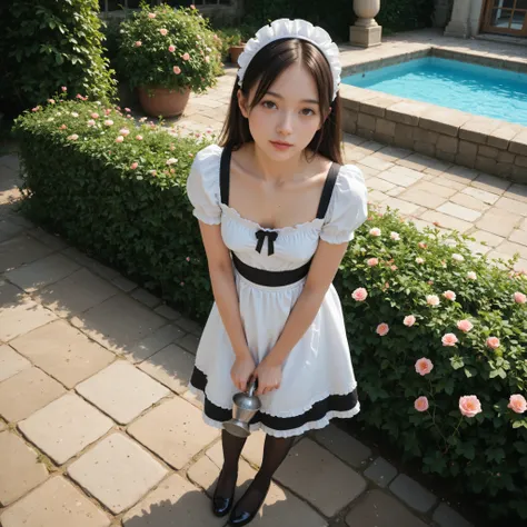 1 girl、maids,watch viewers,(skinny:0.64),(younger:0.60),from above,Leaning Forward,(big boobs:-0.38),is watering flowers outside the mansion,japanese,(Smile Yang:0.24),black lace stockings