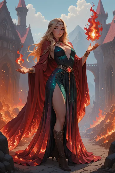 aidmaMJ6.1,a sorceress casting a fire spell in magical festival, exquisite beautiful human woman, blond hair, long hair, dark colorful dress, intricate dress, silk dress, small cleavage, red cloak, high heeled boots, she is in a festival of magic, sunny ...