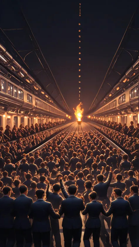 train, torch festival is taking place, everyone around is dancing with torches, high quality, High detail.