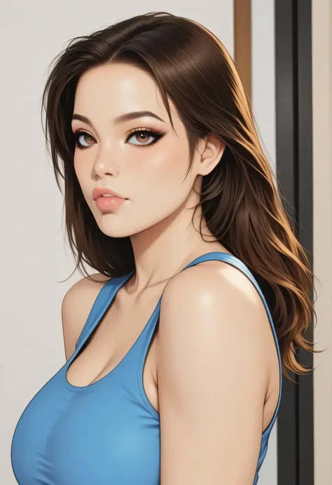 perfect face, feminine, brown hair, long smooth hair, (forehead), brown eyes, lips, thick lips, without makeup, blue tank top, ((large breasts))