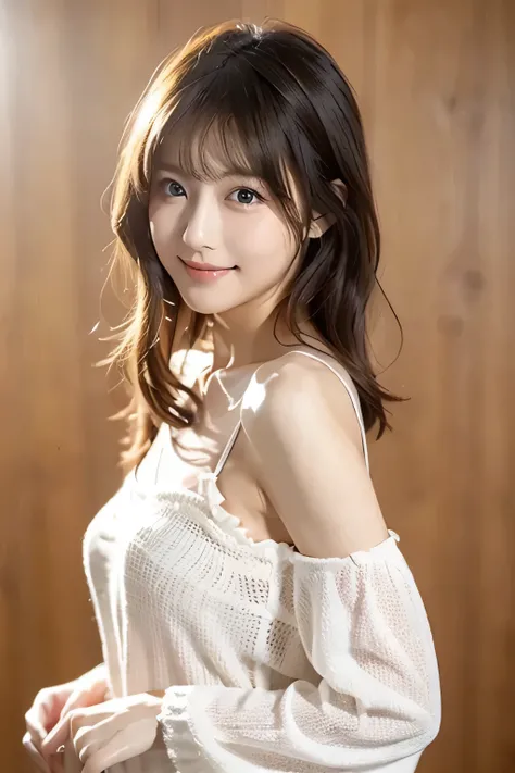with bangs and half up,Japanese model with light brown hair wearing a long sleeve dress made of modest off-white fabric, Calm Floral Pattern.Sleeves are voluminous、with ruffles on the shoulders and cuffs、Hands are held close to the chin、The background is p...