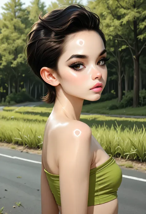 black hair, pixie slick back hair, (forehead), black thin eyebrows, dark brown eyes, black eyelashes, nose, normal lips, pink lips, small breasts, (green tube top), simple background, from side, looking at viewer, trees, grass, road, (shiny skin)