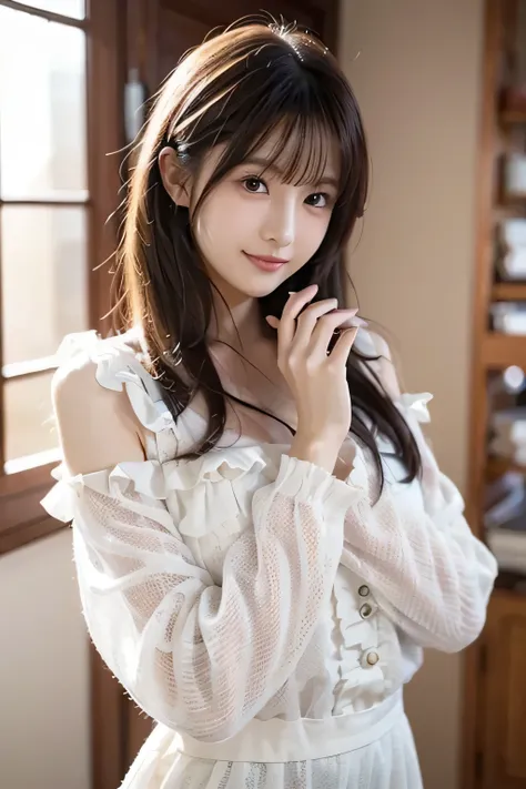 with bangs and half up,Japanese model with light brown hair wearing a long sleeve dress made of modest off-white fabric, Calm Floral Pattern.Sleeves are voluminous、with ruffles on the shoulders and cuffs、Hands are held close to the chin、The background is p...