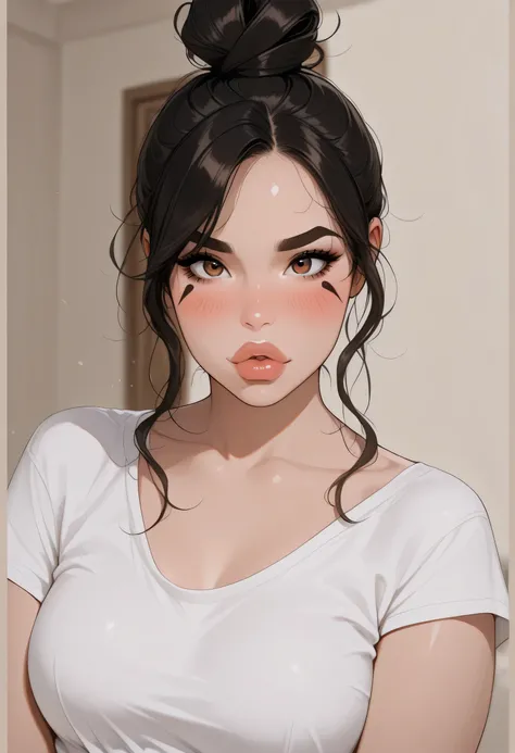perfect face, bun top knot hair, black hair, black natural eyebrows, brown eyes, black eyeliners, blush, thick lips, beautiful woman, white t-shirt, medium breasts