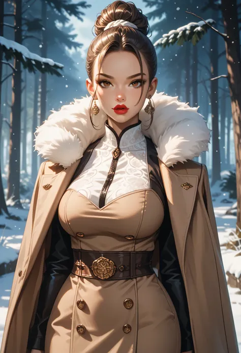 Brown Hair, Hair Bun, Hair Up, ((Forehead)), Brown Thin Eyebrows, Dark Brown Eyes, Nose, Lips, Thick Lips, Red Lips, (Large Breasts, Big Breasts, Perfect breasts), (Light Brown Coat Parka), (Looking At Viewer), Hard Snowing, Freezing Forest Road, White gra...