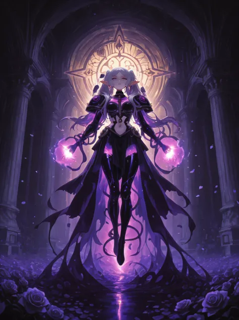 Frieren from Frieren: Beyond Journey's End, fully corrupted as a Slaanesh champion, wearing elegant yet disturbing power armor, pearlescent and translucent plates revealing corrupted skin beneath, Slaanesh symbols glowing with purple energy, flowing ribbon...