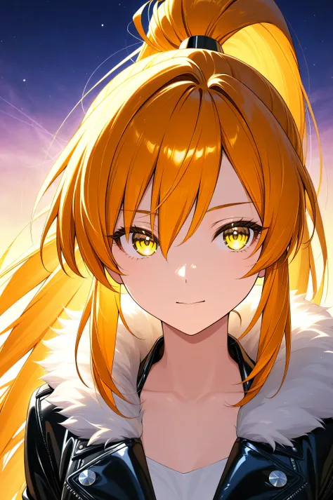 (woman with orange super long hair in a high ponytail)、Neon Yellow Eyes、Natural look looking into the distance、black leather jacket、Woman with fur collar、face close-up、(fantastic dawn background)、Superb、beauty、top quality