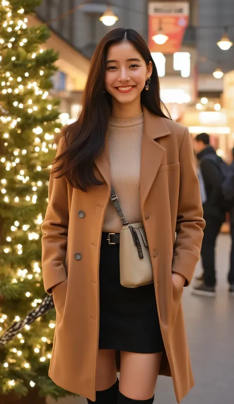 (high quality, high resolution, masterpiece, 8K, detailed:1.2), (photorealistic, RAW photo, clear photo), Japanese starlet, pretty and beautiful woman, 20 years old, (ulster coat, light brown coat:1.3), (tight black skirt, side zipped skirt, leather boots:...