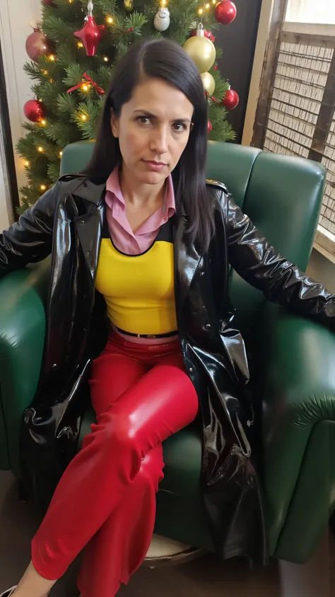 inside of a christmas decorated private club, a 34 year old woman wearing a black ltxtrenchcoat trenchcoat made of latex seated near the windows on a green sofa made of polished leather, wearing a pink polished latex shirt, wearing red latex pants, wearing...
