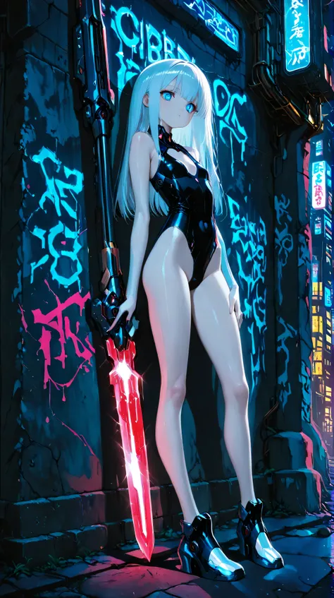 masterpiece, best quality, photography, ultra high resolution, faded color, an anime girl, cute face, pale skin, mechanical spear, slim body, long legs, long arms, small chest, blue eyes, white long hair, straight hair, cybernetic armor, battle armor, slee...