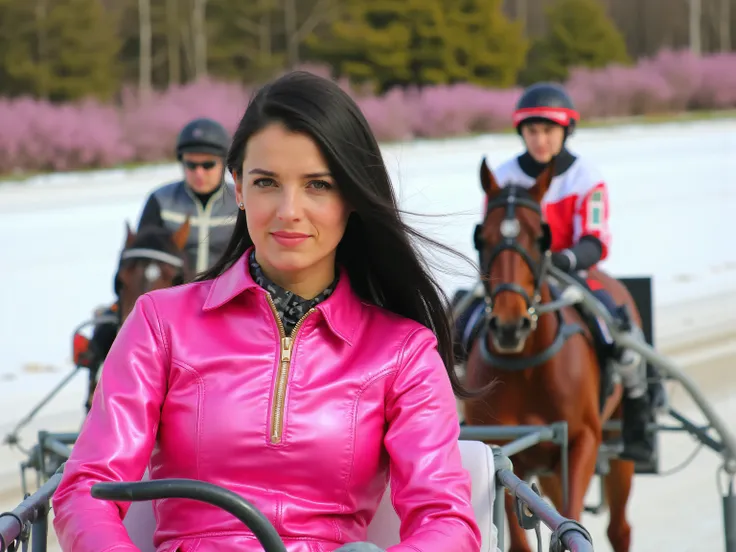 harnessrcrdrvr,A 35 year old tall female with long black hair wearing a bright pink latex trenchcoat with gold accents and gold zipper seated behind a race horse in the racing sulky, on a wintery horse racing course with snow and bright flower
