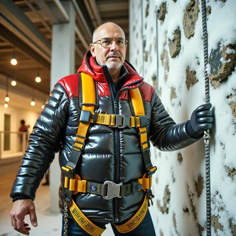 a 62 year old asian man weighing 250 pounds, wearing a shiny black and red Colmar1260 winter jacket with a diagonal yellow zig zag stripe across the chest, wearing a bright shiny polished yellow rubber construction safety harness, the harness has a chain a...