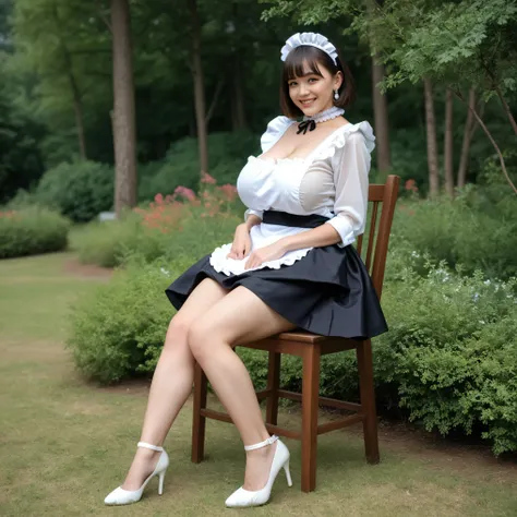 full body photo、reality, anatomically correct, realityistic, 1 woman, 23 year old woman, beautiful woman, very detailed beautiful face and eyes, detailed skin, (Natural Saggy Big Breasts:1.3), big butt, thighs, wide hips, smile, (short hair with bangs) (Cu...