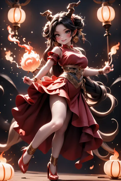 A cute kawaii-style horned fire demon girl smiling, hair like fire, intense red smokey eyes makeup, intense blush, red glossy lips, red choke, red flame earrings, nails painted red. Wearing: red skirt, red shirt with short puffy sleeves, white socks. Footw...