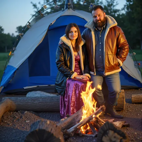 brnfurlthrjktrev,near a glowing blue and yellow bonfire with large wood logs for fuel, a woman and a man sit on a log bench, the woman is 34 years old and thin with short stature five feet height, the woman has medium length dark brown hair, the woman wear...