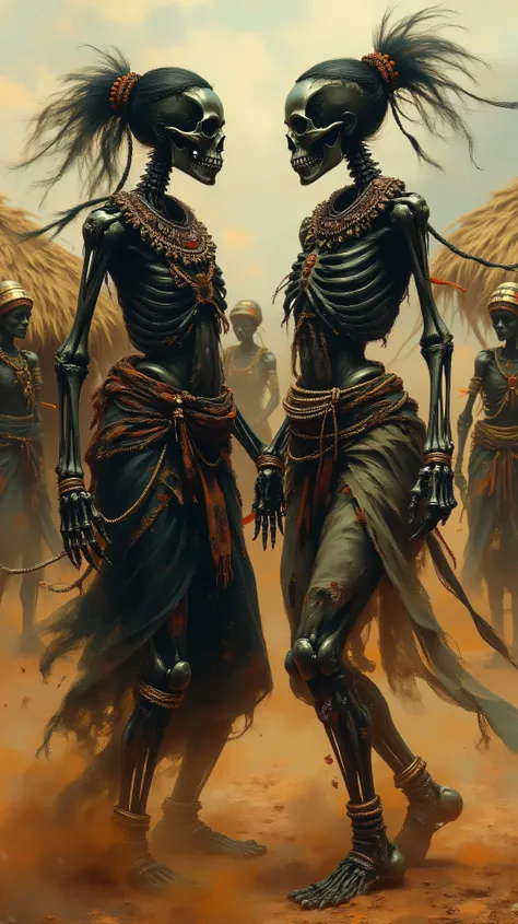 Hyper-realistic digital art, ultra high resolution, 8K, photorealistic, highly detailed. Two female skeletons dancing a traditional African dance together in a desert village, each wearing distinct traditional tribal attire:
First skeleton: Elaborate be...