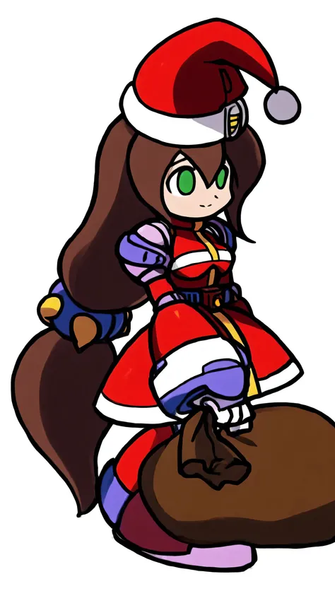 anime coloring, Give your images flat even illumination (negative) or dramatic chiaroscuro lighting (positive),,I, solo, 1girl,solo,角色名,holding sack,alternate costume,santa costume,iris \(mega man\),1girl,solo,brown hair,long hair,low-tied long hair,,green...