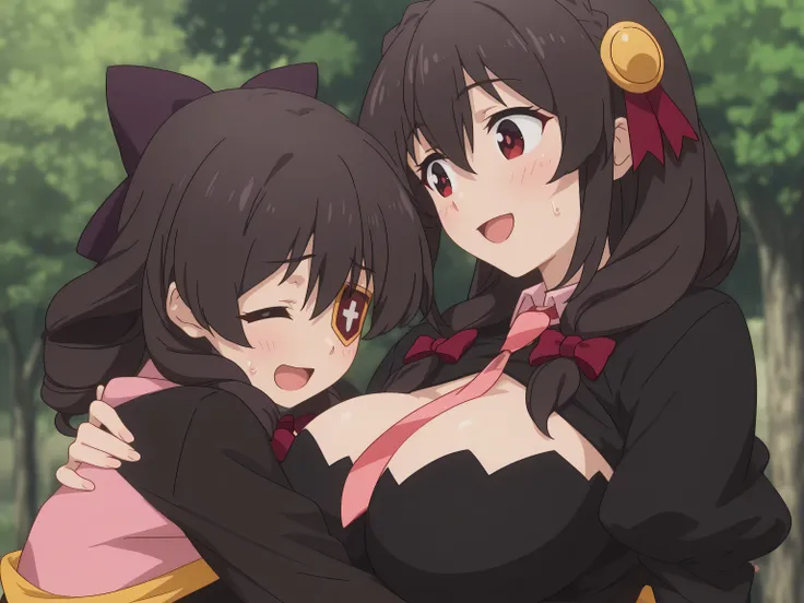 anime coloring, Give your images flat even illumination (negative) or dramatic chiaroscuro lighting (positive),,) day, huge breast, , , multiple_girls, , 2girls, blush, hug, closed_eyes, open_mouth, , breasts, bangs, , , outdoors, , tree, smile, , , sweatd...