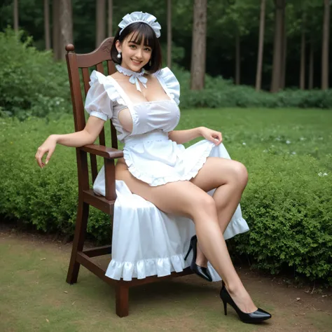 full body photo、reality, anatomically correct, realityistic, 1 woman, 23 year old woman, beautiful woman, very detailed beautiful face and eyes, detailed skin, (Natural Saggy Big Breasts), big butt, thighs, wide hips, bewitching smile, (short hair with ban...