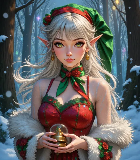 midjourney ,Colorful,realistic cartoon, a beautiful female christmas elf, holding a bell, standing in forest, cloud of snow flakes swirling around the elf, full body, beautiful elf, long hair strands, wearing lace dress, red and green christmas dress, fan...