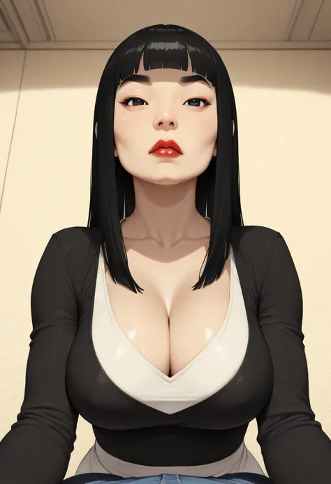 ((female asian, face asian)), black hair, (buns double hair, hime cut hair), black normal eyebrows, black eyes, nose, lips, red lips, collarbone, cleavage, (large breasts, big breasts), (v neck shirt long sleeves), (looking at viewer, pov), design backgrou...
